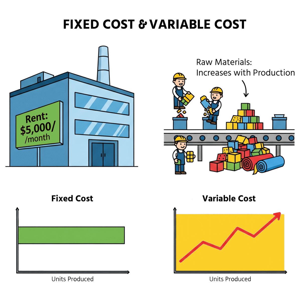 A four-part infographic illustrating fixed and variable costs. The top left shows a factory building with a 'Rent: $5,000/month' sign, representing a fixed cost. The bottom left shows a graph with a flat horizontal line labeled 'Fixed Cost', with 'Units Produced' on the x-axis. The top right shows a production line with workers adding materials to products, and a growing pile of 'Raw Materials', representing a variable cost. The bottom right shows a graph with a rising diagonal line labeled 'Variable Cost', with 'Units Produced' on the x-axis.