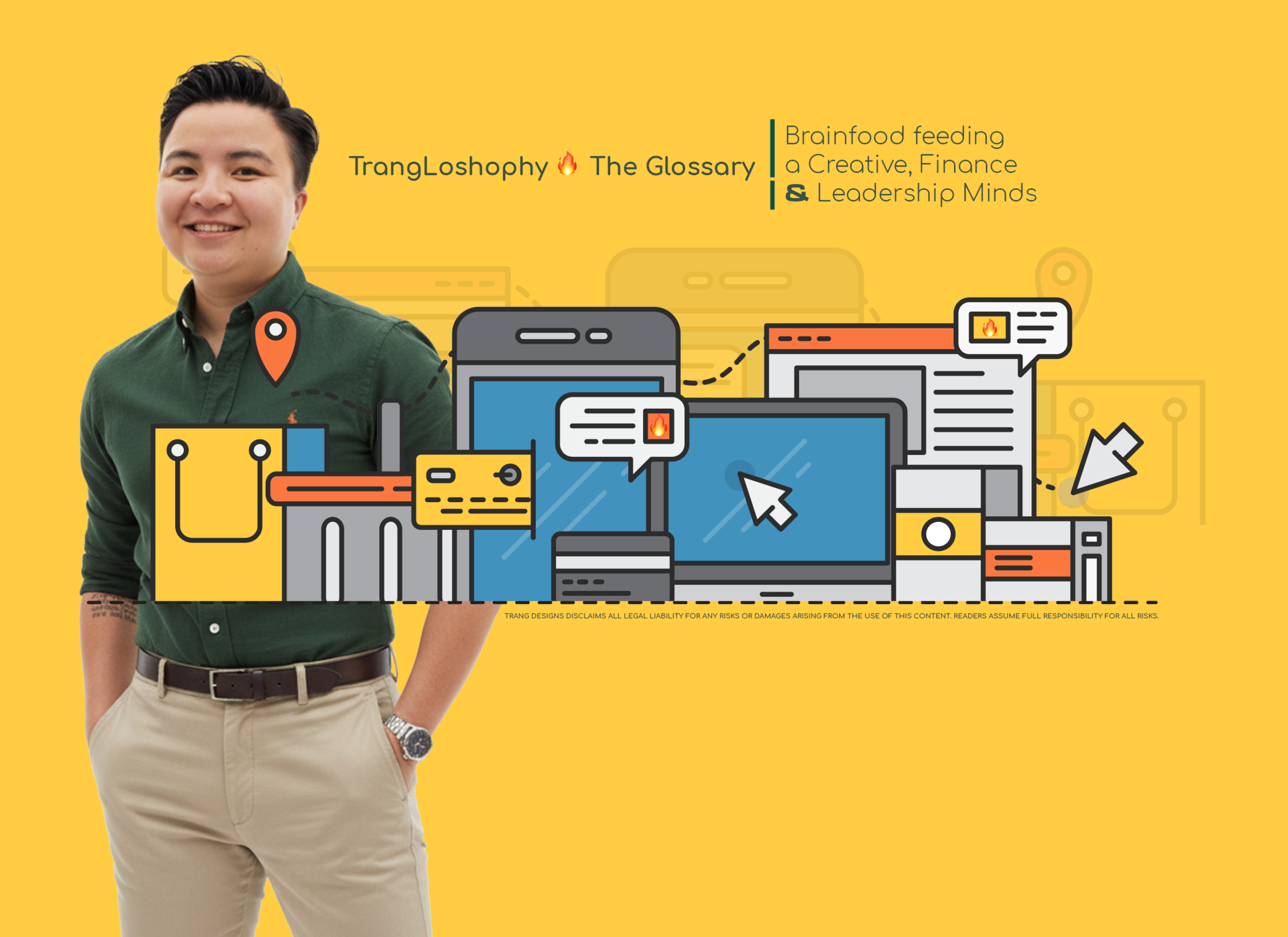 Portrait of a smiling creative professional, Trang, standing in front of illustrations depicting the digital customer journey, e-commerce, mobile marketing, and financial transactions for a design glossary. | Layout by Trang Designs