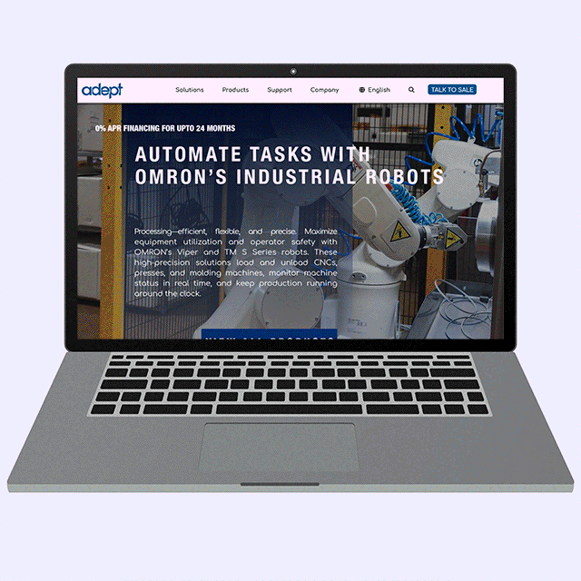 Mockup giao diện website doanh nghiệp Adept Robotic trên laptop, tập trung vào giải pháp robot tự động hóa công nghiệp và tối ưu hóa vận hành. | Thiết kế giao diện và vận hành bởi Trang.